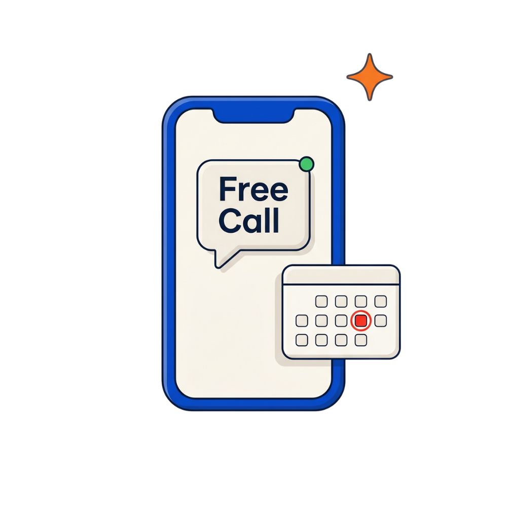 A blue smartphone showing a Free Call chat bubble with a calendar marking the booking date