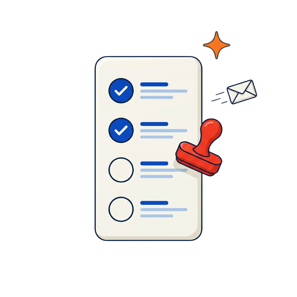 A filing checklist with two completed steps and a red official stamp