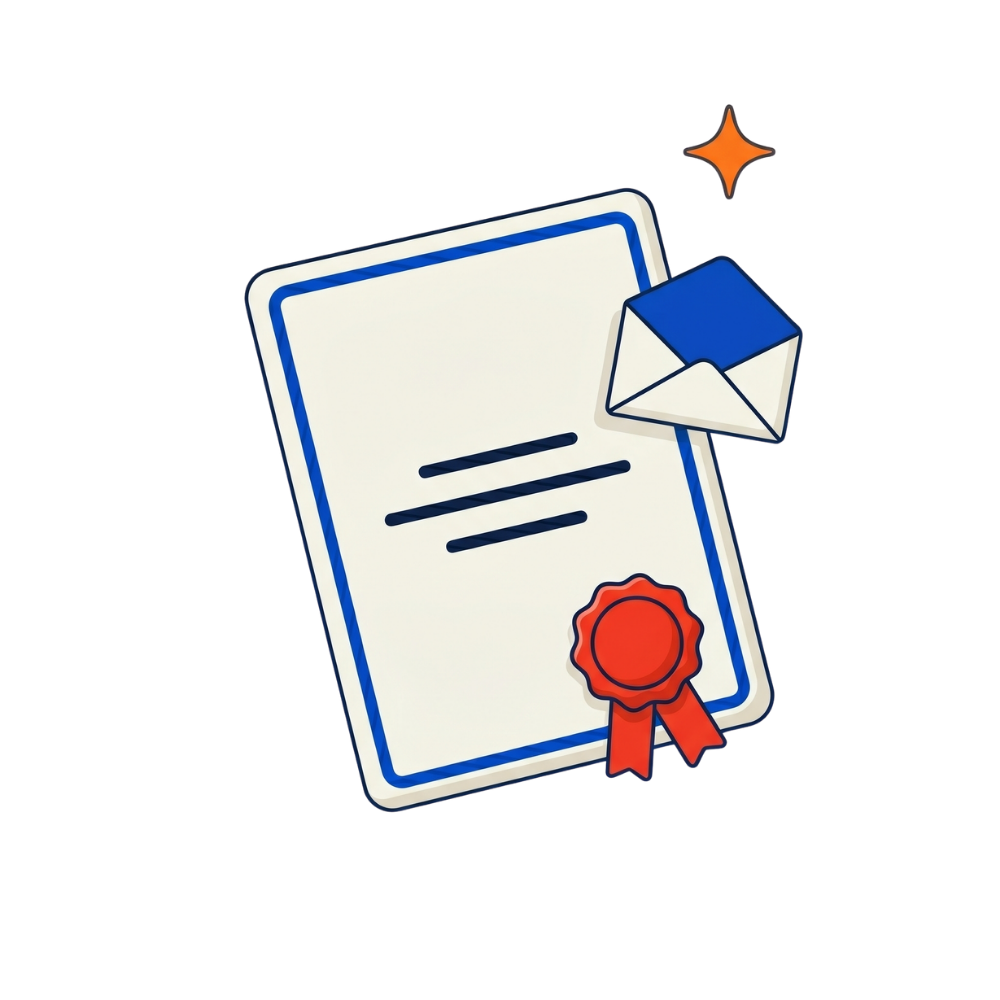 An official certificate with a red ribbon seal alongside an envelope